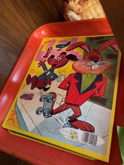 Mother Goose black patent shoes w original box, TeePee Toys puzzle, Lil Abner metal tray, Goldilocks and the three Bears music boxes