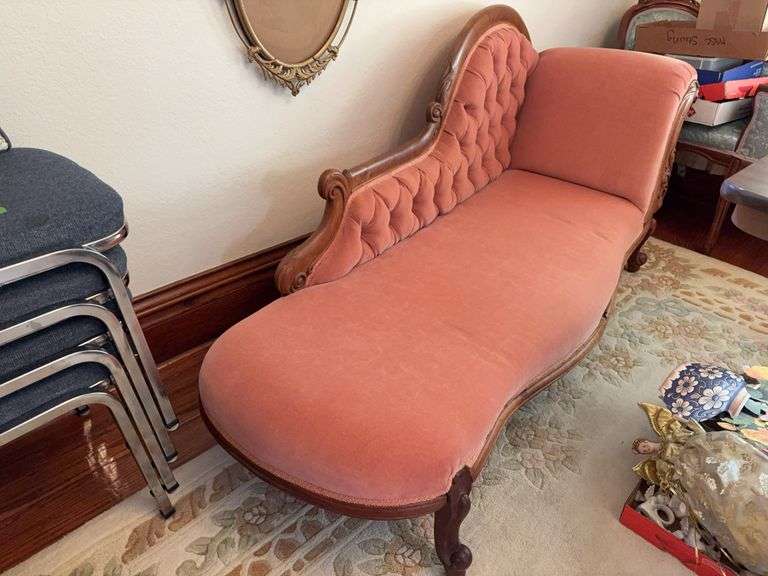 Walnut carved back fainting couch 72" long Frame is broken on the front and needs repaired/reinforced image