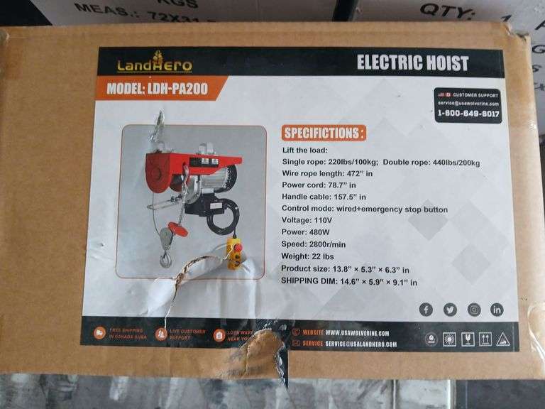 ELECTRIC HOIST	landhero		LDH-PA200	"Lift the load: Single rope: 220lbs/100kg; Double rope: 440lbs/200kg Wire rope length: 472” in Power cord: 78.7” in Handle cable: 157.5’ in Control mode: wired+emergency stop button Voltage: 110V Power: 480W Speed: 2800r/min Weight: 22 lbs Product size: 13.8” x 5.3” x 6.3” in SHIPPING DIM: 14.6”x 5.9” x 9.1”in", MOUNT VERNON image