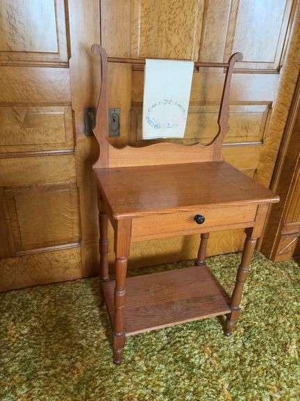 Oak washstand w towel bar and single drawer 16D x 24L x 46H image