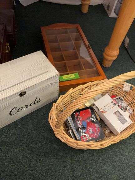 Small shadow box, card box and basket full of stuff image