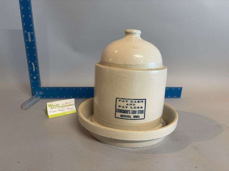 Stoneware chicken waterer “Pay Cash and Pay Less Grangaards Cash Store Monona, IA” image