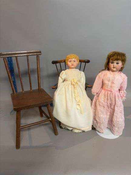 Two old dolls and chairs to go with them. Tin head doll marked Germany 6, Porcelain Germany doll marked A210X image