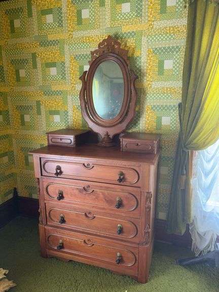 Walnut dresser with wishbone mirror, hanky drawers and drop pulls 21D x 40L x 67H image