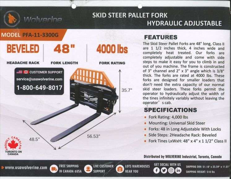 Pallet Fork Hydraulic Adjustable	WOLVERINE		PFA-11-3300G	 Pallet Fork Hydraulic Adjustable  Fork Rating:4,000 lbs Mounting:Universal Skid Steer Forks:48 in Long Adjustable With Locks Side Steps:2 Headache Rack:Beveled Fork Tines LxWxH:48"" x 4"" x 1 1/2"" Class II Weight:330 lbs, MOUNT VERNON image