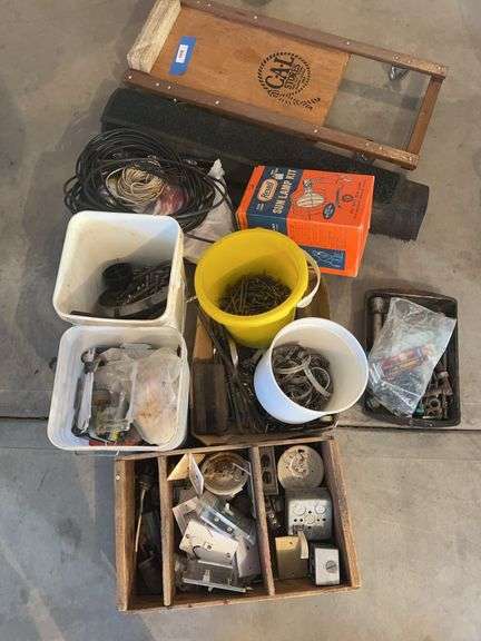 Hardware and miscellaneous shop lot includes creeper, electrical supplies, wiring