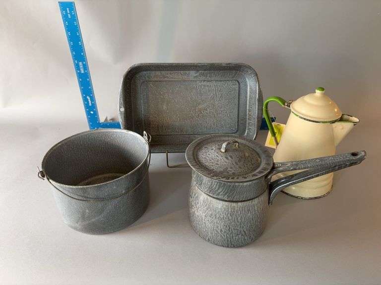 Green edged enamel ware coffee pot and three pieces gray granite ware image