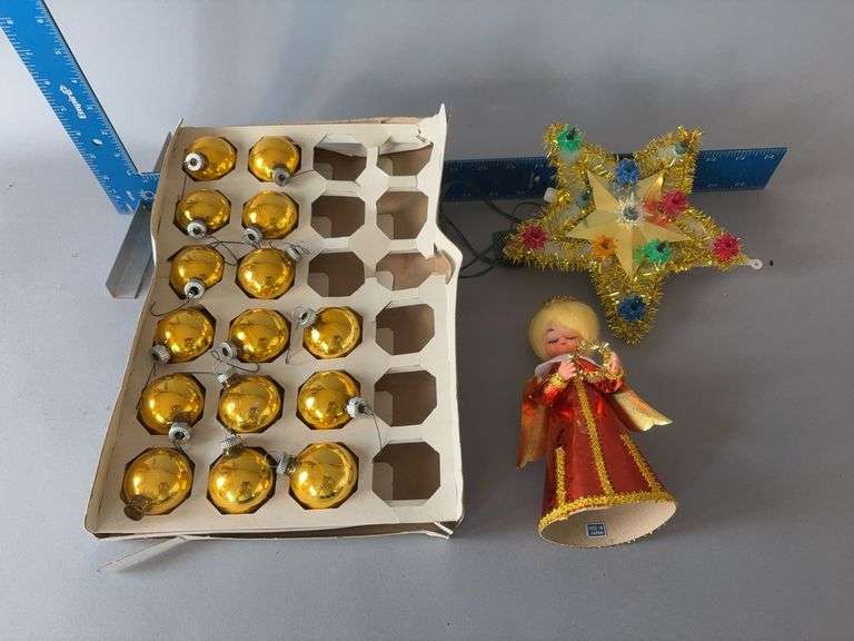 Box of 15 small Shiny Brite bulbs and two tree toppers image