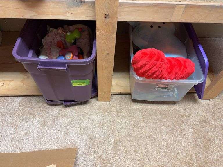 2 totes of kids items, crayons, colors, plush toys, etc... image