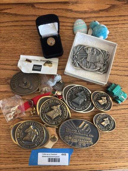 Belt buckle assortment, First Security Corporation, and other advertising buckles and pins
