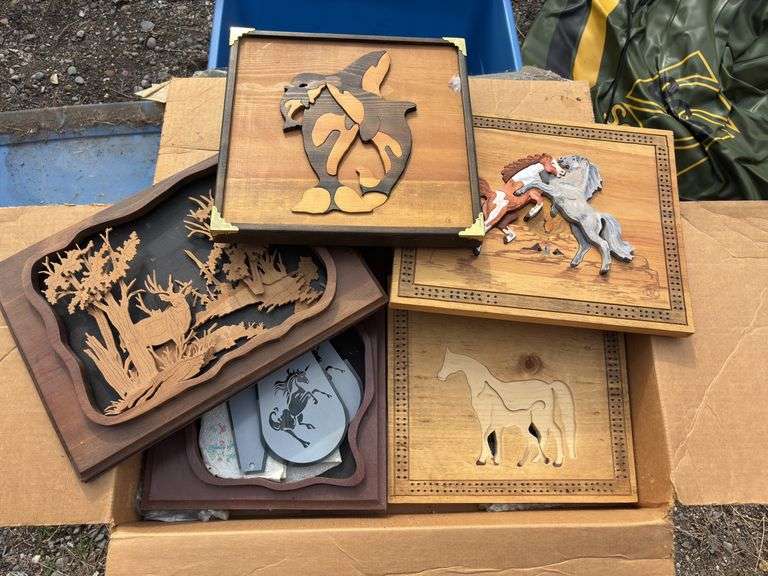 Cribbage boards and cut out art and lots of craft supplies