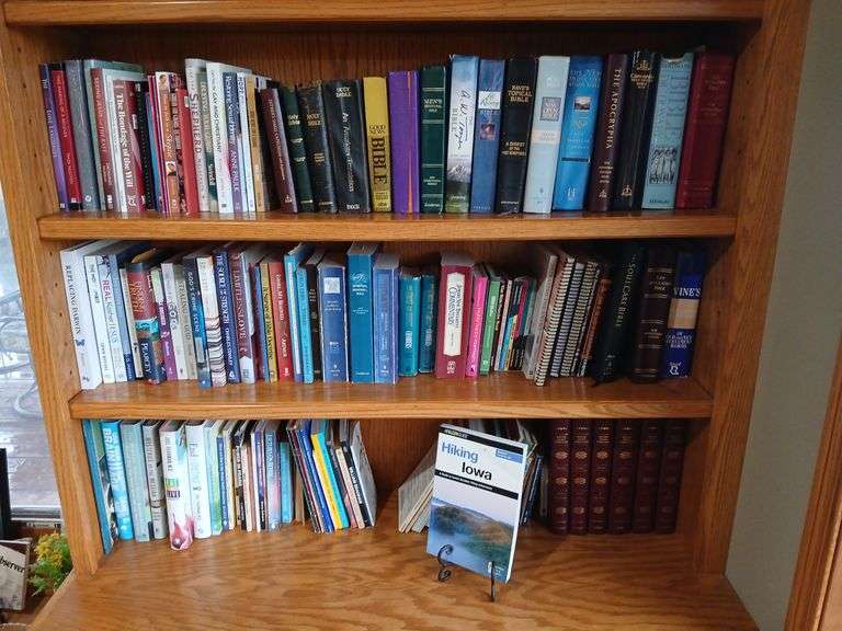 Three shelves of books includes many spiritual/religious, Volumes 1-6 Matthew Henry’s commentary and more image