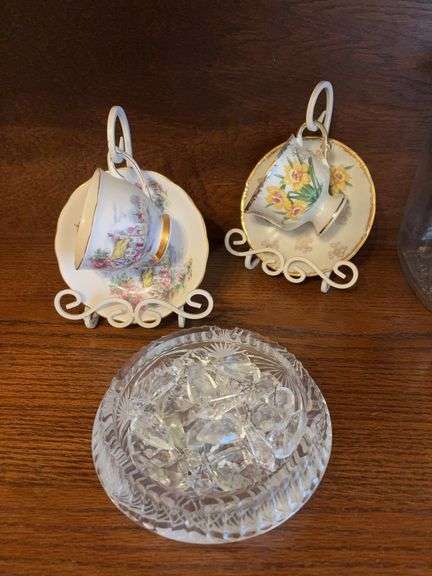 Two cup and saucer sets, clear glass ashtray w glass prisms image