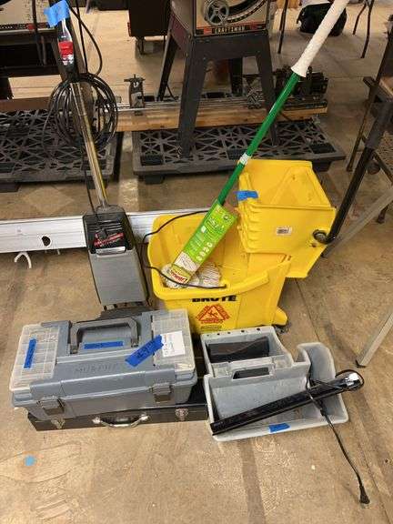 Miscellaneous lot with Brute mop bucket and mop, Hoover Floor Max - hard floor machine with wet pickup.Ladder saddle. Sony Blu-ray disc player.  DeWalt reciprocating saw. Toolbox 20 in wide x 10-in deep x 9 in high. image