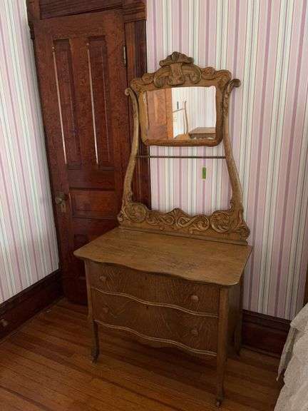 Oak 2 drawer dresser w towel bar 20D x 36L x 53H image