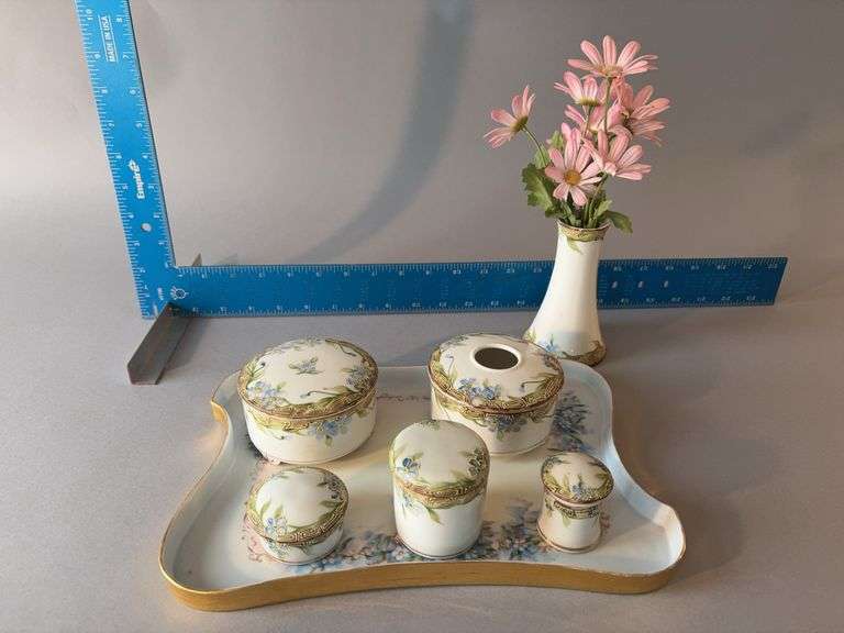 Hand painted dresser set w mismatched tray image