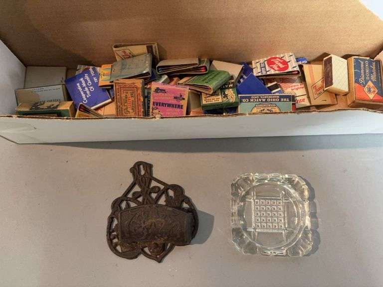 Cast iron match holder, matches and ashtray image