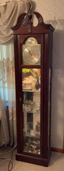 Howard Miller Cherish battery operated floor clock, lighted with mirrored back and glass shelves Model 610-614 9.5D x 17L x 76H NO CONTENTS image