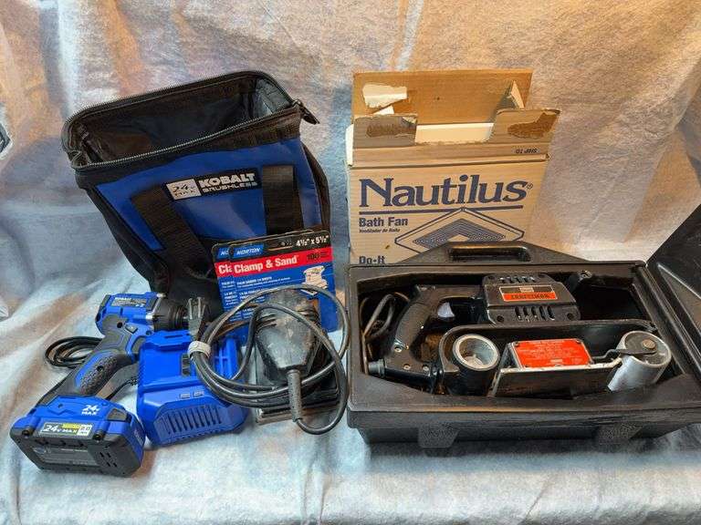 Lot consisting of Kobalt 24 volt brushless impact driver, one battery and charger and bag, Sears 3x21 in belt sander in case, Nautilus bath fan 50 CFM, Craftsman quarter sheet orbital sander image