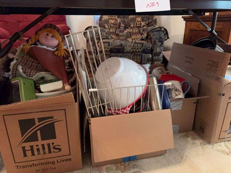 4 more boxes of assorted kitchen wares, plasticware, cups/mugs, racks etc...