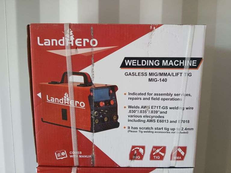 WELDING MACHINE	landhero		MIG-140	"Voltage: 110 V±15% Frequency : 50/ 60 Hz Phase: 1 Rated input Power: 5.0kW(MIG)/ 3.7kW(TIG)/ 5.1kW(MMA) Rated input Current :45.8A(MIG)/ 34.0A(TIG)/ 46.3A(MMA) No load voltage : 70± 5 V Current range: 35-140A(MIG)/15-140A(TIG)/ 30-120A(MMA) Applicable electrode dia.: 0.8-16 mm(MiG)/ 1.6-3.2 mm(MMA) TiG Tungsten electrode: MAX 2.4 mm Duty cycle (%): 60% Refrigeration type: Fan Efficiency : 0.73μ Power factor: 0.73 Cos insulation class :F Grau Protection class: 21S lP Dimension LxWxH: 12.2 x 6.5 x 8.3 in", MOUNT VERNON image