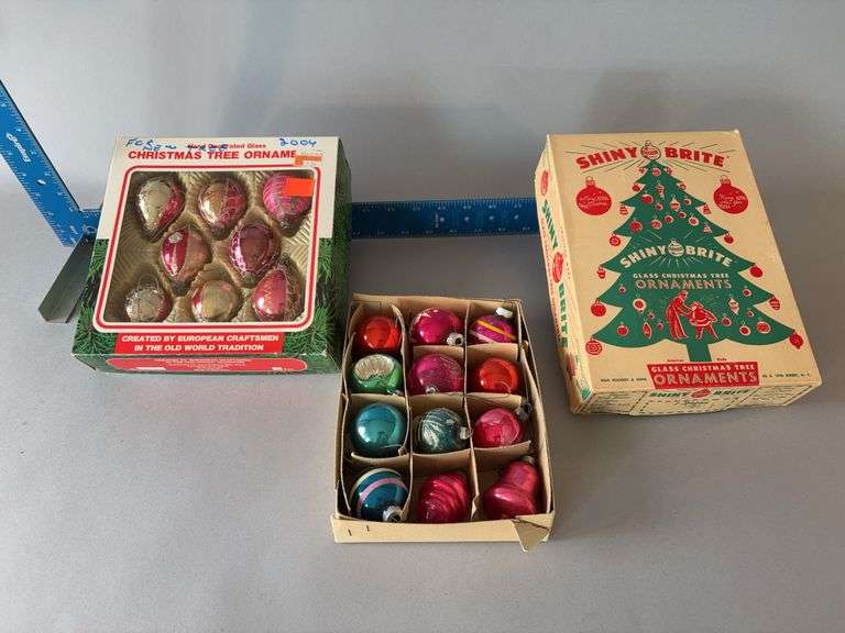Three boxes old Christmas bulbs including Shiny Brite image