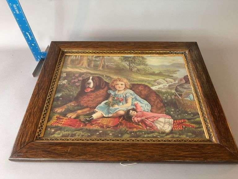 24x19 framed girl w her dog and doll image