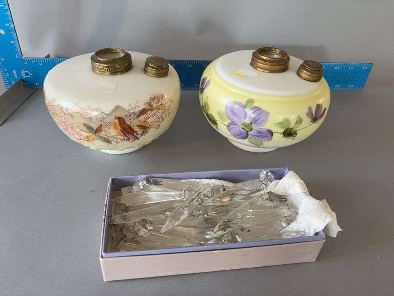 Two hand painted lamp fonts and glass prisms image