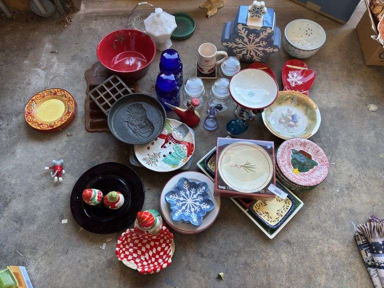 Large group of holiday dishware, serving items and decor
