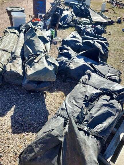 Military GP Tent, size can be made sized in 18' increments, anything from 36'x18' up to 108'x18'; there is a total of 4 middles and 2 ends, product is vinyl, rebar stakes