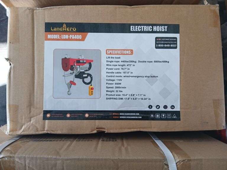 ELECTRIC HOIST	landhero		LDH-PA400	"Lift the load: Single rope: 440lbs/200kg; Double rope: 880lbs/400kg Wire rope length: 472” in Power cord: 78.7” in Handle cable: 157.5”in Control mode: wired+emergency stop button Voltage: 110V Power: 850W Speed: 2800r/min Weight: 32 lbs Product size: 15.4” x 5.9”x 7.1”in SHIPPING DIM: 17.5”x 6.5”x 10.24” in", MOUNT VERNON image