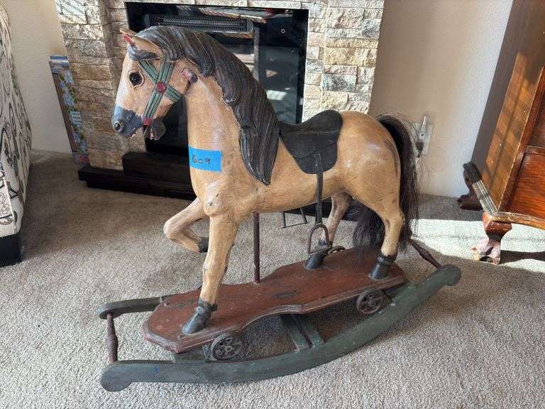 Antique wooden rocking horse, real horse hair tail image
