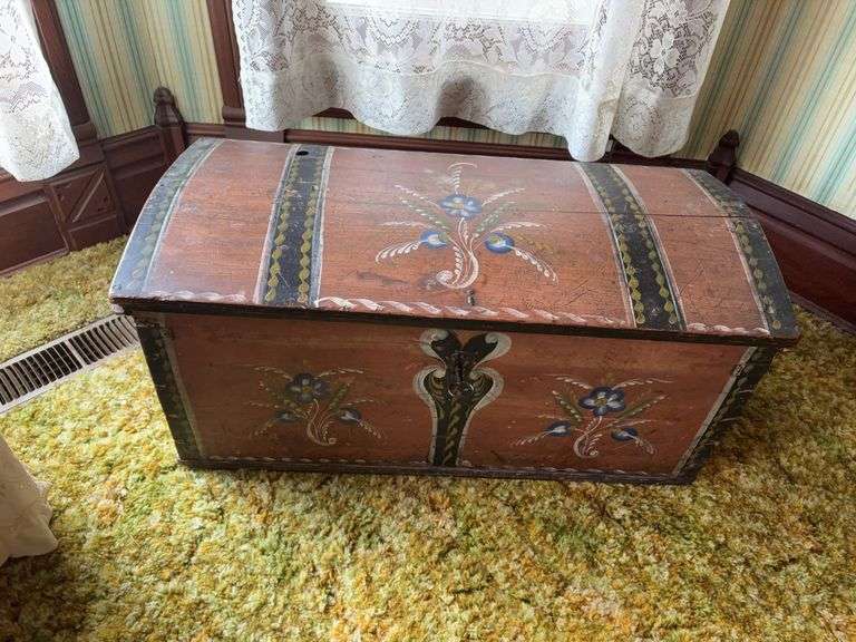 Rosemaled immigrant trunk with metal handles and locking lid w key image