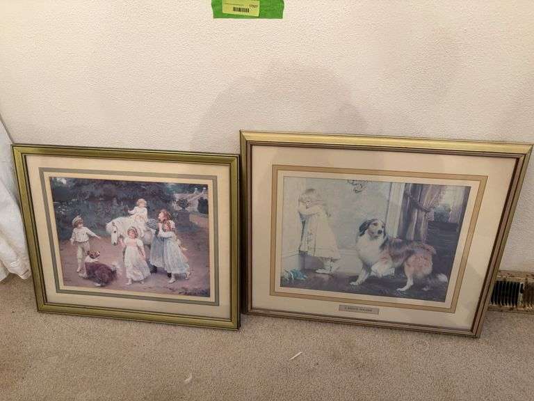 Two pieces wall art with children and a collie dog image