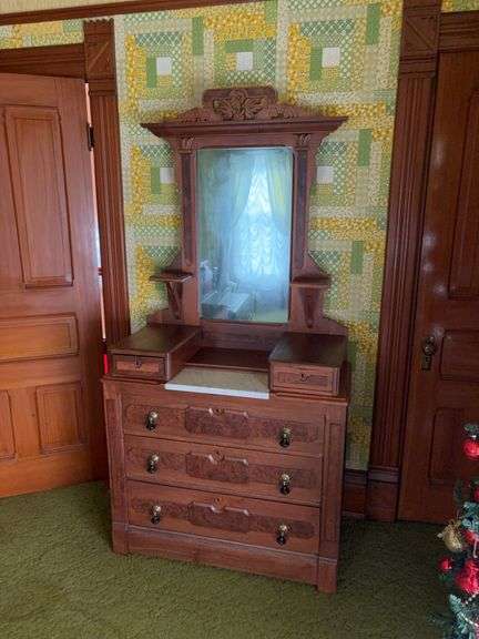 Walnut depot dresser with marble insert, hanky drawers, candle rests, drop pulls 19D x 39L x 75H image