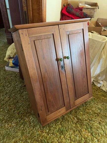 Walnut double door cabinet w square nails and green glass knobs 12D x 30L x 36H image