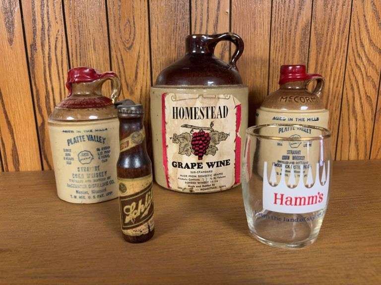 3 mini crock jugs, Hamms glass and Schlitz bottle opener image