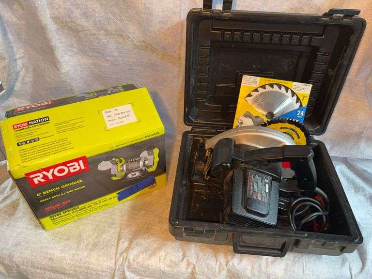 Ryobi 6-in bench grinder NIB. Craftsman circular saw, 2 horsepower extra blades. image