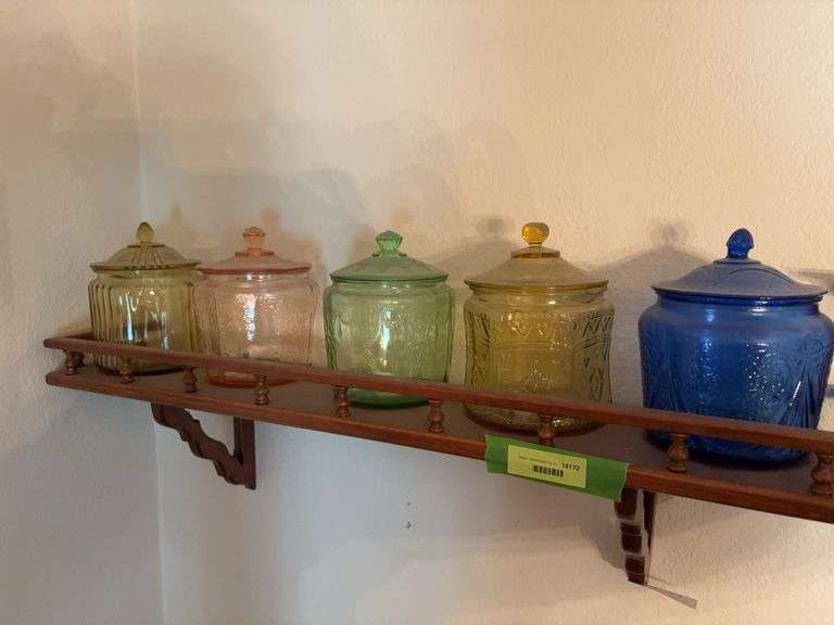 5 depression glass cracker jars These have not been inspected for flaws as they are up on the wall shelf