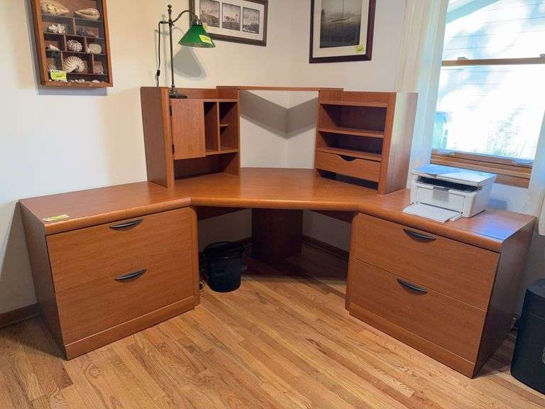 3 pc corner desk with bookcase top Files are 20 x 29 x 28, corner piece is 37 x 65 x 54 image