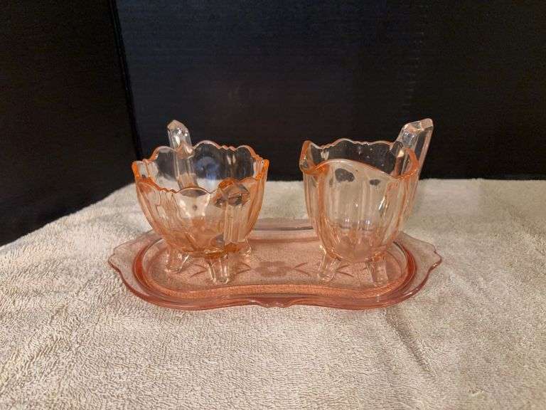 Pink depression glass cream & sugar set image