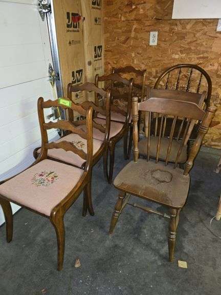 4 needlepoint seat dining chairs and 3 odd wooden chairs image