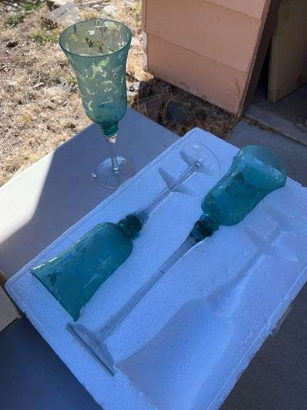Large blue glass etched decorative goblets