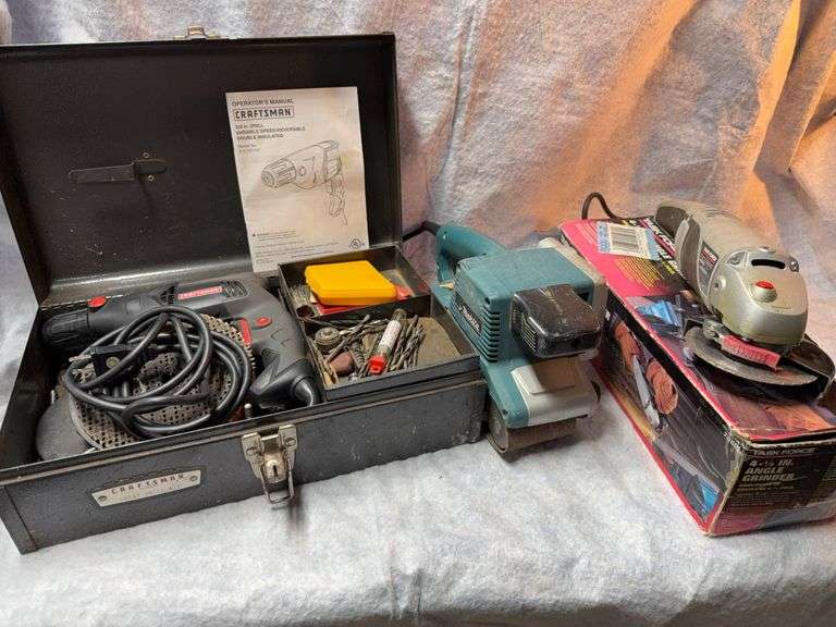 Lot consisting of Craftsman 3/8 in drill in case with many accessories. Campbell Hausfeld hvlp sprayer model hv100 100le, hose, sprayer, extra needle/nozzle sets in case, Makita 3x12 in belt sander, Task Force 4 -1/2 in angle grinder. image
