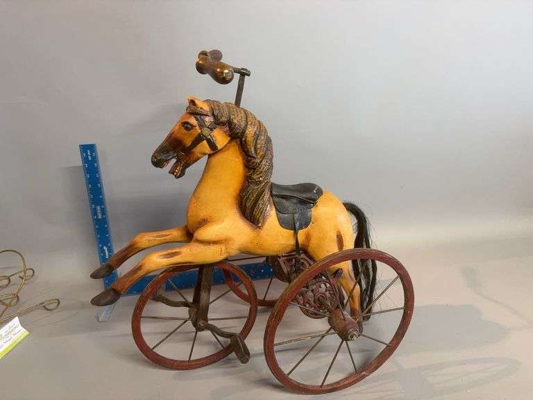 Vintage horse velocipede with cast iron stirrups etc and horse hair tail? image