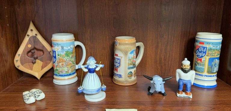Old Style mugs, Dutch girl music box, Paul Bunyan S&P shaker set, door harp