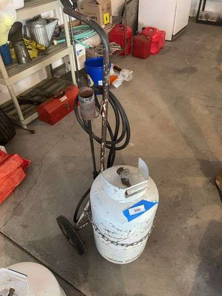 Propane tank weed burner on rolling cart