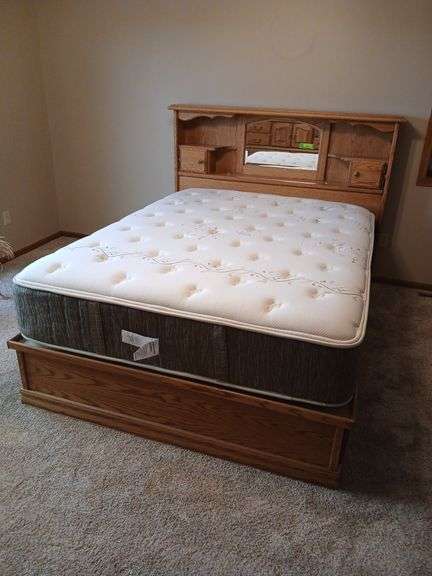 Queen size Lebeda mattress with American Heirloom platform bed with bookcase style headboard and under bed drawer storage Headboard is 52” tall image