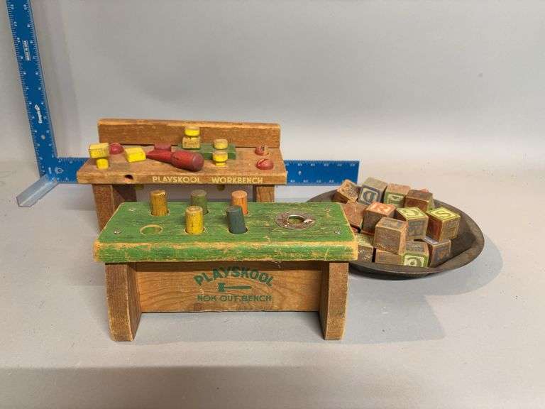 Two Playskool wooden hammer toys and alphabet blocks image
