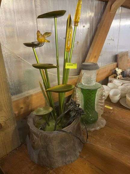 Tabletop fountain and upcycled glass yard art image